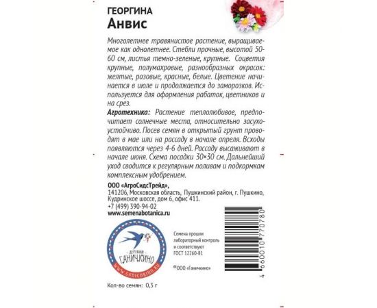 Семена ОКТЯБРИНА ГАНИЧКИНА Георгина Анвис 0.3 г 119241 – изображение 2