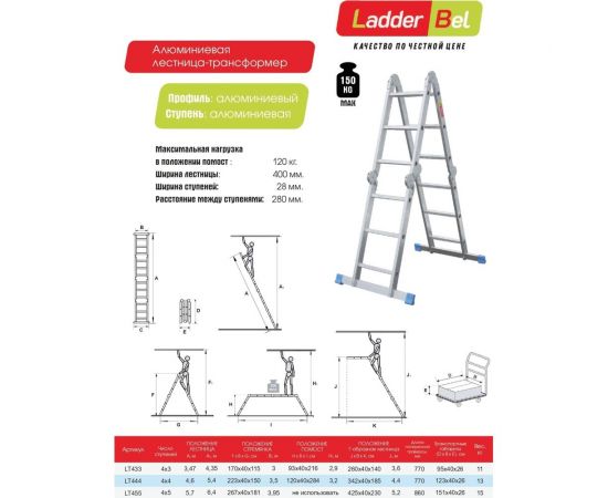 Алюминиевая лестница-трансформер LadderBel 4 секции по 3 ступени LT433 – изображение 7