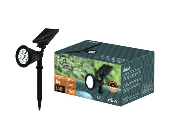 Светодиодный светильник duwi Solar LED для грунта с датчиком освещения на солнечных батареях, 1,5Вт, 6500К +RGB, IP65, 5 режимов, цвет черный 25032 6 