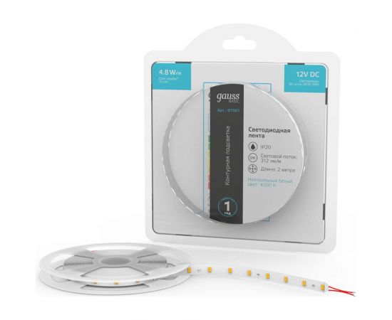 Лента Gauss Basic 12V 4,8W/m 312lm/m 4000K IP20 LED 2m BT001 