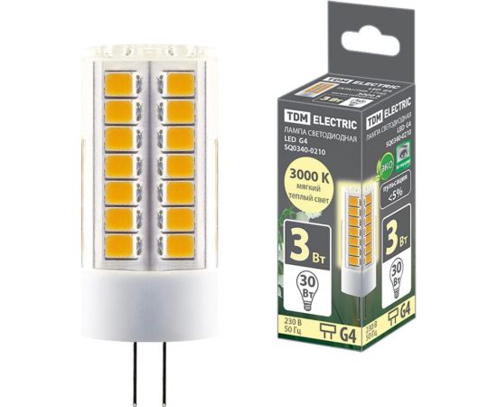 Светодиодная лампа TDM G4-3 Вт-230 В-3000 К, SMD, 16x43 мм SQ0340-0210 