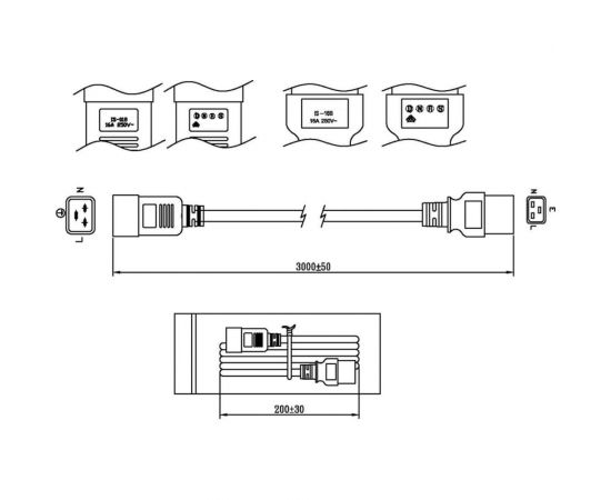 Кабель питания Hyperline, PWC-IEC19-IEC20-3.0-BK, IEC 320 C19 - IEC 320 C20, 3x1.5мм2, 16A, прямая вилка, 3 м, 43795 – изображение 2
