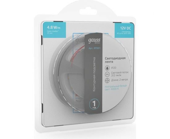 Лента Gauss Basic 12V 4,8W/m 312lm/m 4000K IP20 LED 2m BT001 – изображение 3