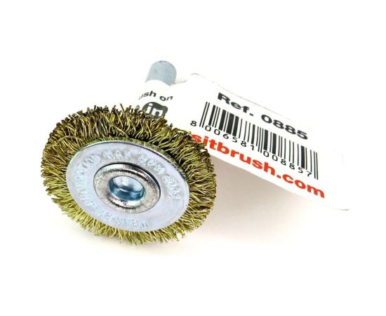 Щетка дисковая для дрели 30x4 мм, хв-к 6 мм, проволока гофр. латунир-я сталь 0.30 мм SIT 0885 – изображение 4