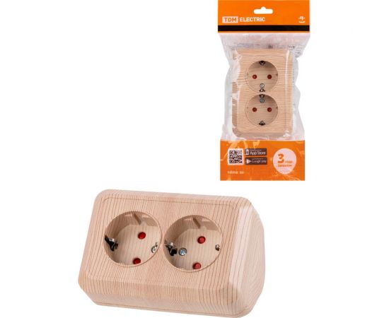 Двойная угловая розетка TDM 2П+3 открытой установки с защитными шторками IP20 250В 16А сосна "Ладога" SQ1801-0443 