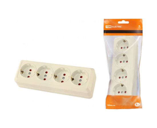 Горизонтальная 4-х местная розетка TDM 2П+3 открытой установки IP20 16A с з/ш слоновая кость Ладога SQ1801-0231 