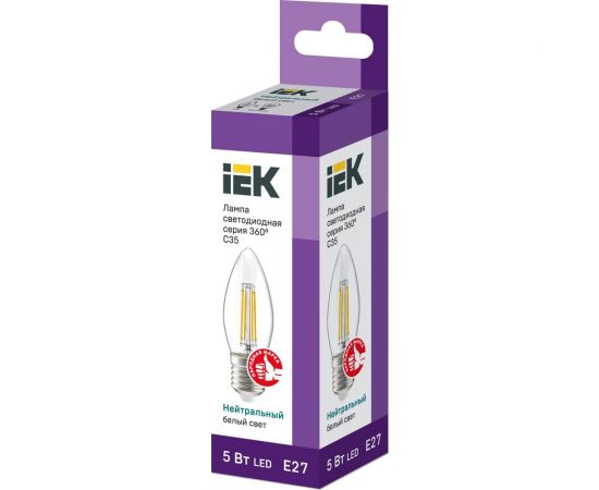 Лампа IEK серия 360, LED, C35, свеча, прозрачная, 5вт, 230В, 4000К, E27 LLF-C35-5-230-40-E27-CL – изображение 2
