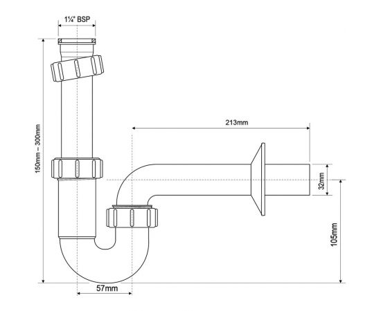 Трубный сифон McAlpine 1 1/4""х32 мм, без выпуска, с отводной трубой D32 мм и отражателем MRW8 – изображение 2