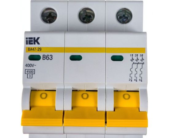 Автоматический модульный выключатель IEK, 3 полюса, B, 63А, ВА47-29, 4.5кА, ИЭК MVA20-3-063-B 