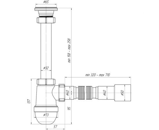 Сифон для умывальника АНИ Пласт бутылочный 1 1/4 дюйма x 40 мм, гофрированный, 40х40/50 мм, нержавеющая сетка C1015 025-0131 – изображение 2