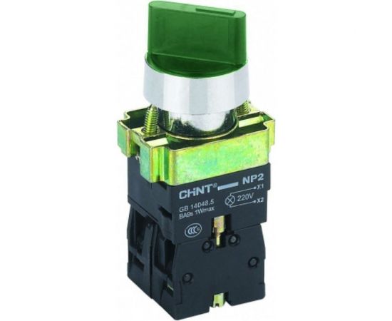 Переключатель CHINT NP2-BK12365 2 полож. с фиксацией 1НО+1НЗ зеленый AC 230В (LED) IP40 575496 