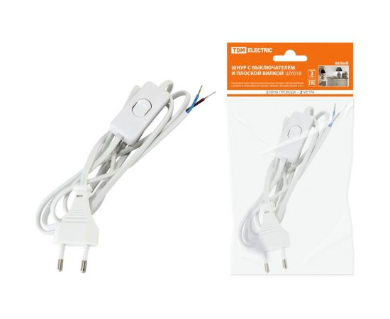 Шнур с выключателем и плоской вилкой TDM ШУ01В ШВВП 2x0,75мм2 2м. белый SQ1305-0001 