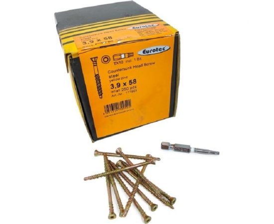 Саморезы Eurotec Countersunk Head Screw 3.9x58 TX10, потай, сверло, 250 шт. + бита 111903 