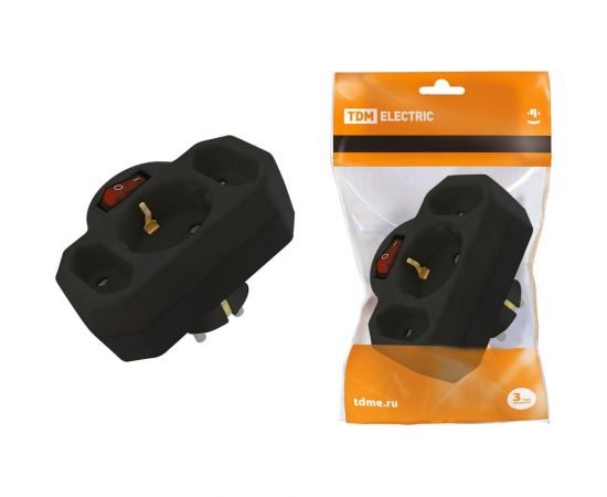 Блок на 3 гнезда с выключателем TDM с индикацией: 1x2П+3 16А+2x2П 2,5А под плоскую вилку 250B черный SQ1806-0302 