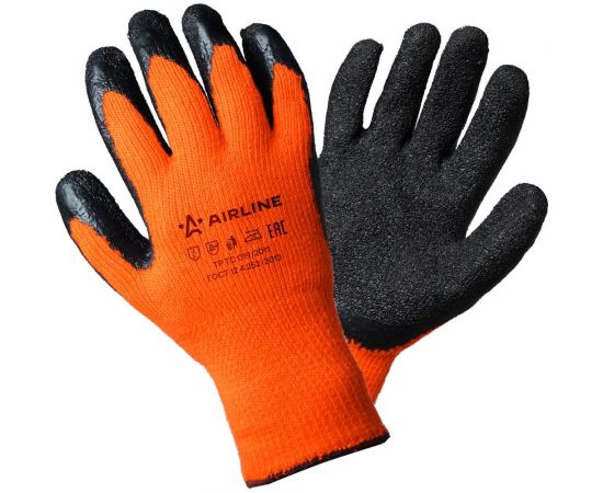Утепленные акриловые перчатки с двухслойным латексным покрытием ладони Airline р.XL, оранжевый/черный AWG-W-05 