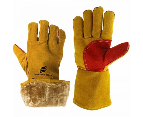 Зимние спилковые пятипалые краги ARCTICUS КРС, желтые, АB класс, искусственный мех, усиленная ладонь и большой палец красным спилком, прошиты нитью Kevlar, р. 10 200540 W-101 