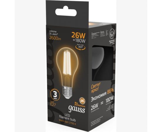 Лампа Gauss Filament А70 26W 2600lm 2700К Е27 LED 1/10/40 102902126 – изображение 2