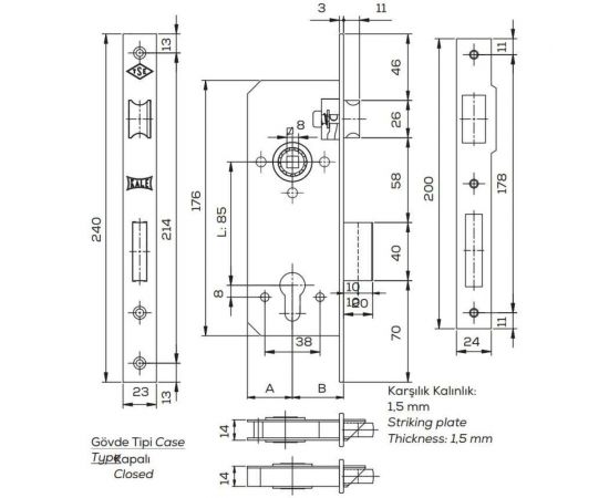 Врезной цилиндровый замок для деревянных дверей KALE KILIT 152R 152R3500018 – изображение 2
