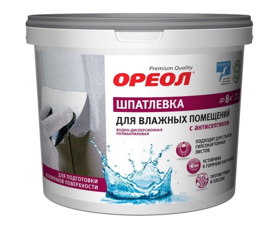 Шпатлевка для влажных помещений Ореол (с антисептиком; водно-дисперсионная; полиакриловая; 1.5 кг) 66923 