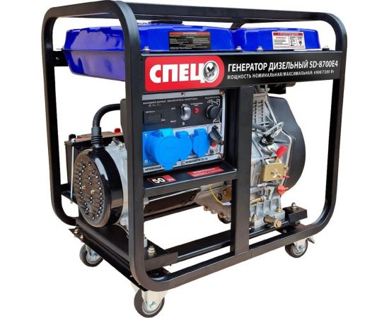Дизельный генератор Спец SD-8700E4, 1 фаза, 6.9/7.2 кВт, бак 12,5 л, медный альтернатор, электростартер, аккум. 28Ач, колеса 4шт, розетки 2x16А, 1x32А СПЕЦ-4064 
