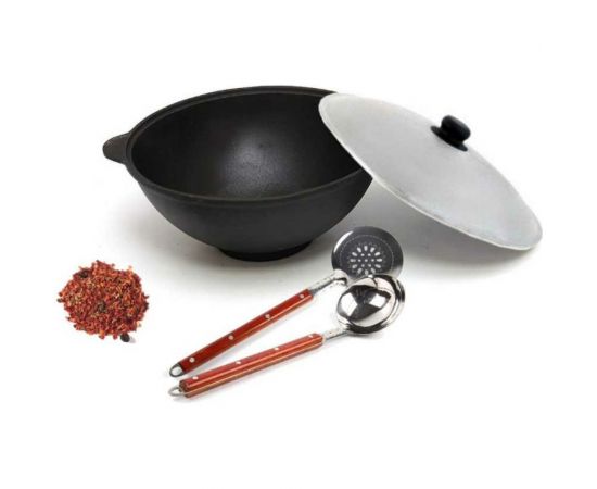 Чугунный казан Davr Metall Узбекский 6 л, плоское дно, с алюминиевой крышкой, с шумовкой, половником и специями КазУз6ЛПШПС 