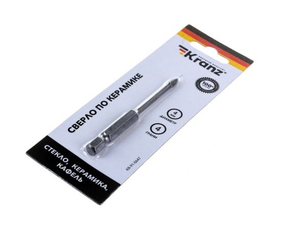 Сверло по стеклу и керамике 4 мм, 4 грани, шестигранный хвостовик KRANZ KR-91-0647 – изображение 4