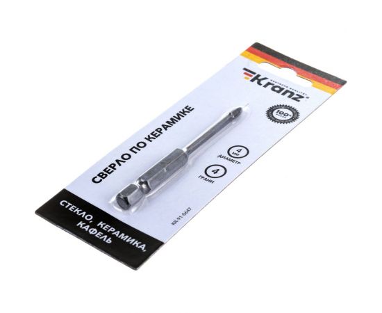 Сверло по стеклу и керамике 4 мм, 4 грани, шестигранный хвостовик KRANZ KR-91-0647 – изображение 5