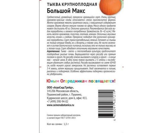 Семена Детская грядка Тыква крупноплодная Большой Макс 1.5 г 122813 – изображение 2