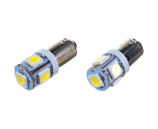 Автолампа диод SKYWAY T9, 12V, 5 SMD, блистер с цоколем, 1-контакт, белая, комплект 2 шт., габариты, номер S08201362 