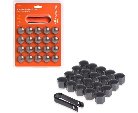 Колпачки на колесные болты/гайки AIRLINE 17 мм, 20 шт. + съёмник, пластик, серые AWBN-01 