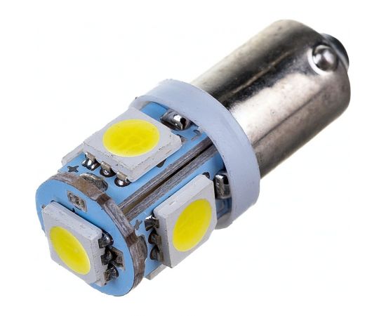 Автолампа диод SKYWAY T9, 12V, 5 SMD, блистер с цоколем, 1-контакт, белая, комплект 2 шт., габариты, номер S08201362 – изображение 2