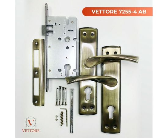 Врезной замок VETTORE 7255-4 AB в комплекте с ручкой, бронза 20283 – изображение 2