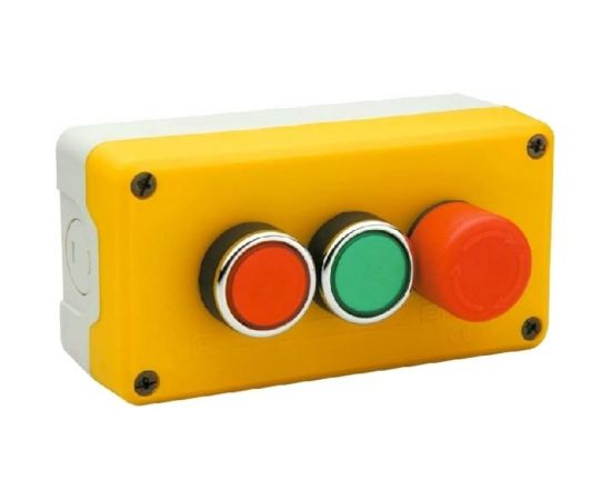 3-х кнопочный серо-желтый пост Emas авар. стоп, d30 мм, 1НО+2НЗ, 240В, 4А P3EC1A2BE30 