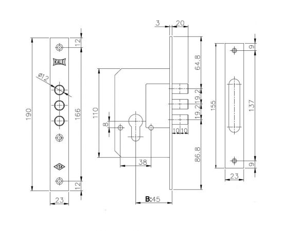 Корпус врезного замка KALE KILIT 189/3M (45 мм) w/b латунь 1085 – изображение 2