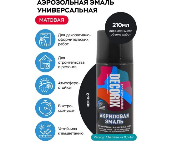 Аэрозольная акриловая эмаль Decorix (универсальная; черный; матовый; 210 мл) 0110-02 DX – изображение 2
