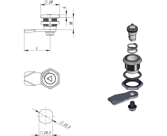 Замок под трехгранный ключ ТРИЗАМ цинк, d-9 мм, с ригелем и ключом ЗЧВ.М.2.79.1060.КМ TRZ0045 – изображение 2