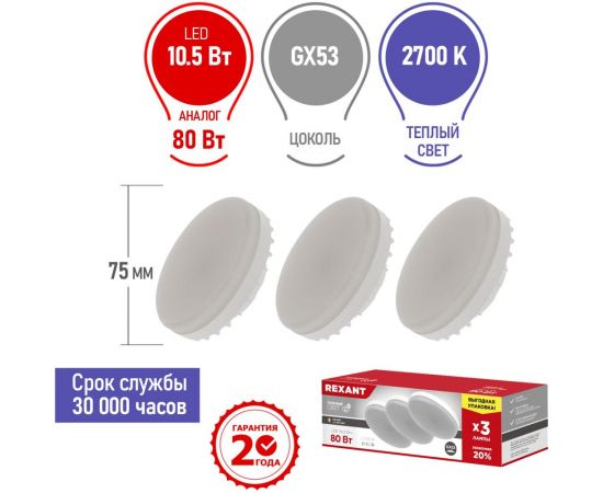 Светодиодная лампа REXANT Рефлектор, 10,5 Вт, GX53, 2700 K, теплый свет, 3 шт 604-063-3 – изображение 2