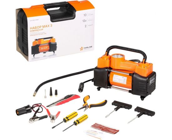 Двухпоршневой компрессор AIRLINE X5 с комплектом инструмента, 2 отвертки, ремкомплект для бескамерных шин, нож, плоcкогубцы CA-020-01NR 