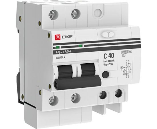 Дифференциальный автомат EKF АД-2 40А 300мА хар-ка C, AC, 270В 6кА PROxima DA2-6-40-300-pro 
