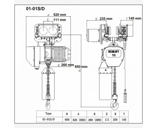 Цепная передвижная таль OCALIFT 01-01S г/п 1Т, высота 6м, 380в OCA0101ST6m – изображение 2