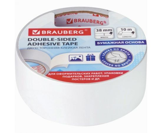 Клейкая двухсторонняя лента BRAUBERG 38 мм х 10 м, бумажная основа 229056 