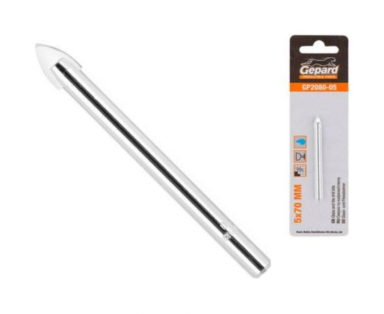 Сверло копьевидное твердосплавное по кафелю и стеклу 5x70 мм Gepard GP2080-05 – изображение 2