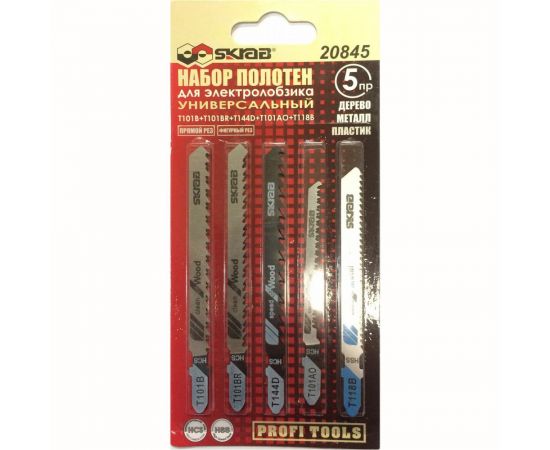 Пилки для лобзика T101B/101BR/144D/101AO/118B (5 шт; 1.4-4 мм; 100 мм; дерево/металл/пластик) SKRAB 20845 