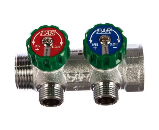 Регулирующий коллектор FAR 1"" ВР-НР с 2 отв. 1/2"" НР межосев. 45 мм, плск.упл. FK 3821 112TP 