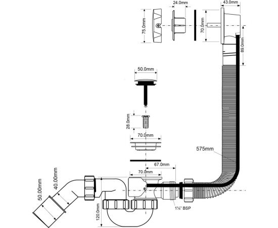 Слив-перелив McAlpine с автопереливом, L575 х 34 мм, нержавеющая сталь 70 мм сливной пробкой, MRB2C-PB – изображение 4