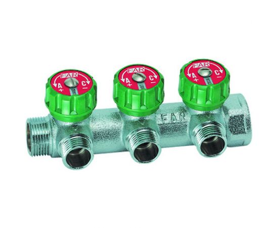 Регулирующий коллектор FAR 1"" ВР-НР с 3 отв. 1/2"" НР межосев. 45 мм, плск. упл. FK 3822 112TP 