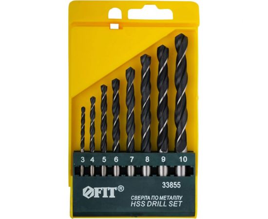 Набор сверл черненых по металлу (8 шт; 3, 4, 5, 6, 7, 8, 9, 10 мм; HSS) FIT DIY 33855 
