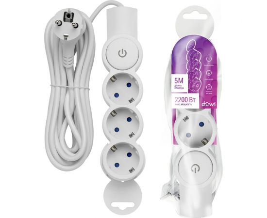 Удлинитель duwi 3 гнезда, с выключателем, с землей, со шторками, 5 м 32009 0 