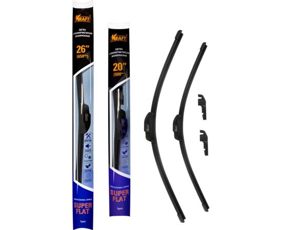 Комплект бескаркасных щеток стеклоочистителя TEFLON 650/500 мм, 1 адаптер KRAFT 830920 
