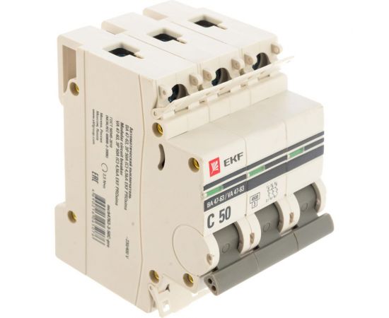 Автоматический трехполюсный выключатель EKF 50А С ВА47-63 4.5кА PROxima mcb4763-3-50C-pro 